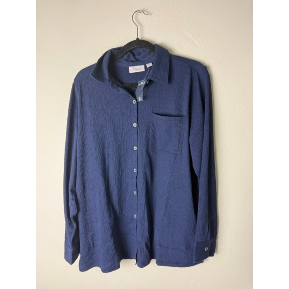 Belle by Kim Gravel Navy Blue Crinkle Gauze Button Front Shirt Blouse M NWT